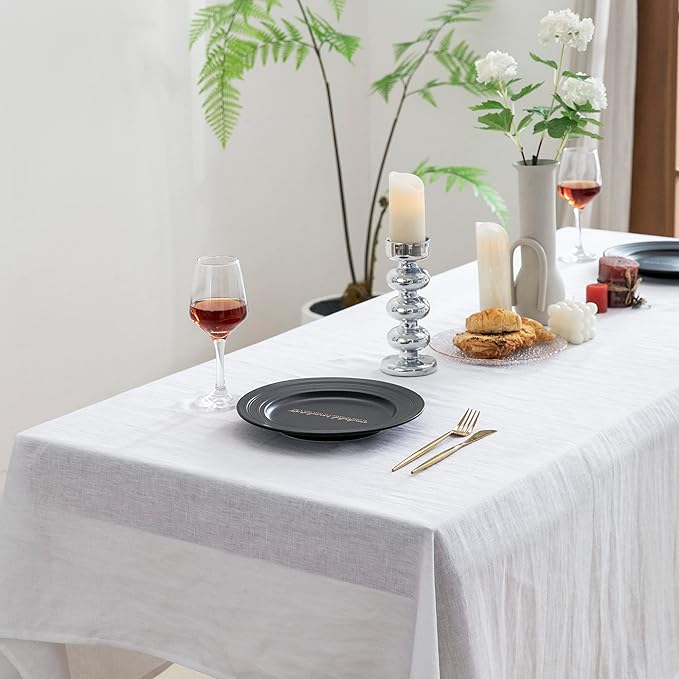EVERLY 100% Pure Linen Rectangle Tablecloths 60x132Inches for Dining, Buffet Parties, Picnic,Events, Weddings and Restaurants, Decorative Halloween, Thanksgiving Machine Washable Tablecloths-White