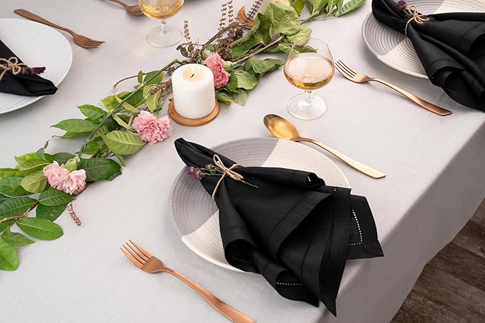 D'Moksha Homes Black Linen Napkins Set of 6 - Classic Hemstitch 100% Pure Linen Hemstitch Dinner Napkins 20 x 20 Inch for Fall, Thanksgiving, Holiday - Handcrafted and Machine Washable
