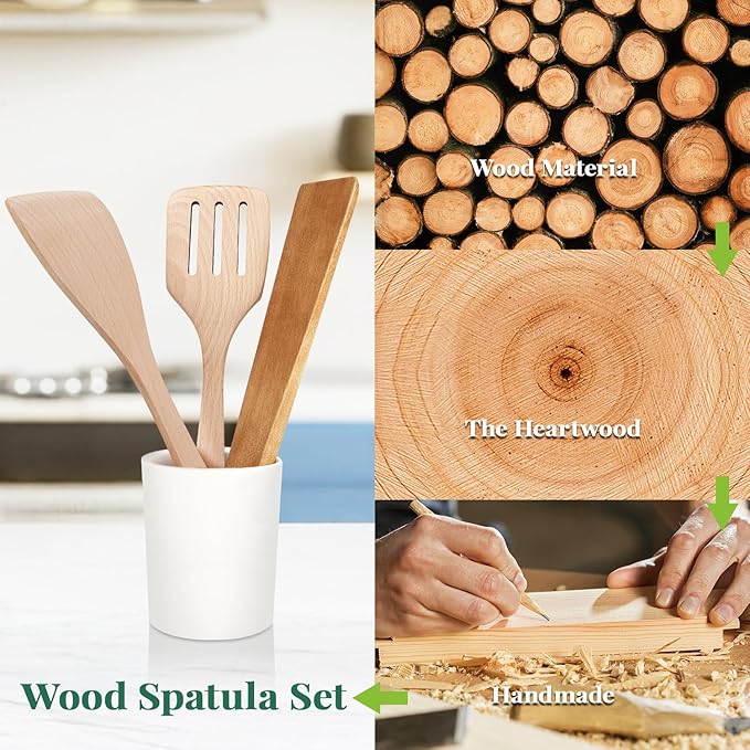 3Pcs Wooden Spatulas, 12inch Long Handle Slotted Turner Spatula Set, Uncoated Beech Wood Cooking Spoons for Non-Stick Cookware, Kitchen Utensils Set for Frying, Flipping, Scraping and Turning