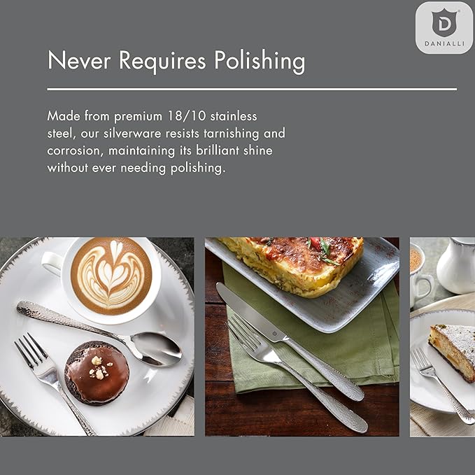 Matte Silverware Set, 18/10 Stainless Steel Satin Flatware, Modern Brushed Finish Cutlery, Dishwasher Safe & Durable, Built to Last (40-Piece, Fidenza Hammered)