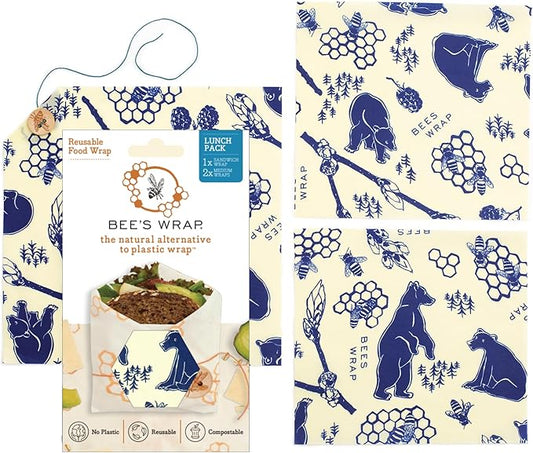 Bee's Wrap Beeswax Wraps for Food - Bees + Bears 3 Pack (2M 1 Sandwich) Made in USA Reusable & Organic Food Wraps, Sandwich Wrap - Eco-Friendly Alternative to Aluminum Foil & Plastic Wrap
