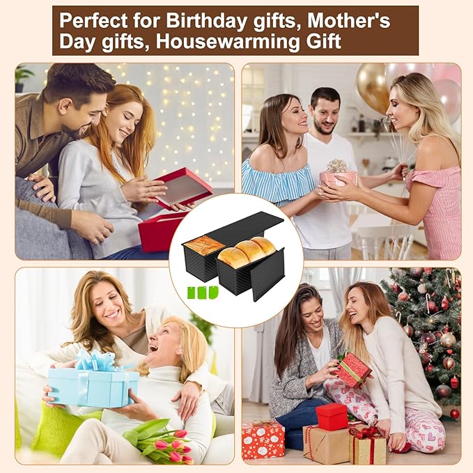 Black Pullman Loaf Pan with Lid, 13 Inch Pullman Bread Pan with Cover, 2.2LB & 1LB Dough Capacity, 2 Pack Sandwiches Bread Loaf Pan Nonstick, for Sourdough and Toast