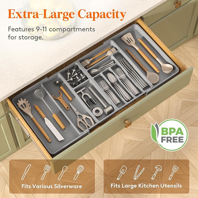 Lifewit Large Silverware Drawer Organizer, Plastic Cooking Utensil Tray for Kitchen, Expandable From 21 to 36 Inches, Adjustable Flatware Cutlery Spoon Fork Knife Spatula Gadgets Holder, Gray