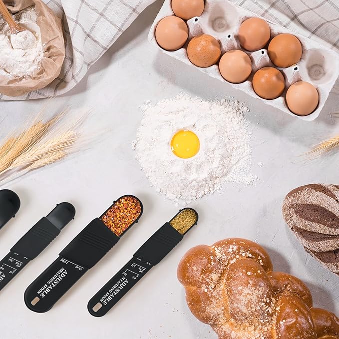 6 Pcs Adjustable Measuring Spoon Plastic Tablespoon and Teaspoon Set Baking Cooking Spoon Set for Chef Measuring Metering Kitchen Dry Liquid Ingredients Powder, 2 Sizes(Black)