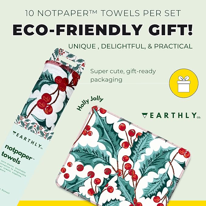 Reusable Paper Towels - 10 Pack - Roll of Washable Cotton Cloth Paper Towels - Paperless Reusable Napkins Cloth Washable - Absorbent + Long Lasting - Zero Waste Products - (Holly Jolly)