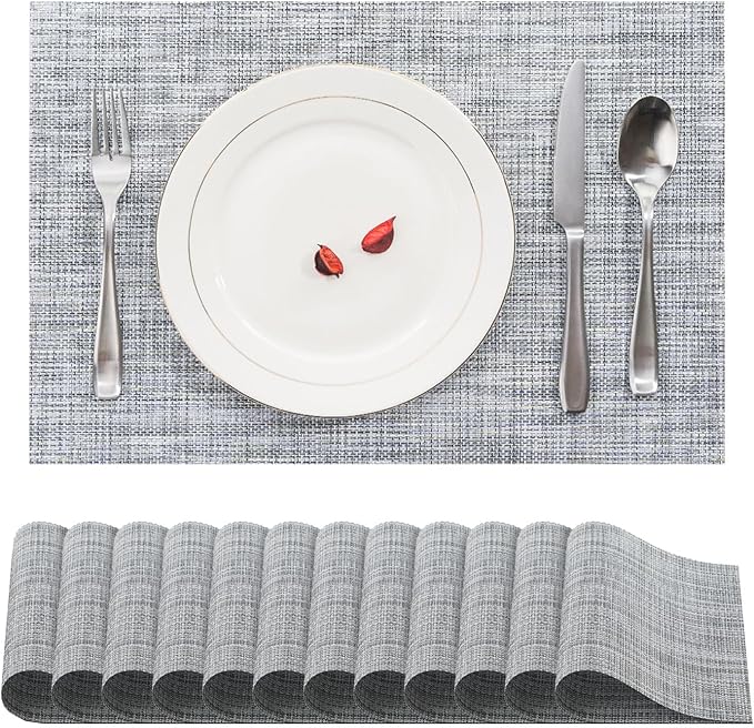 BACKTOEDEN Placemats Set of 12 Heat Resistant Washable Wipeable Placemat Woven Non-Slip Foldable Vinyl/Plastic Place Mats Indoor/Outdoor Mat Kitchen Dining Table Pad, Gray