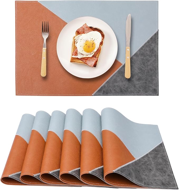 Faux Leather Placemats Set of 6 Waterproof,Reversible Geometric Pattern PU Placemat for Dining Table,Heat Resistant Wipeable Anti Slip Washable Table Mats,Modern Table Protectors