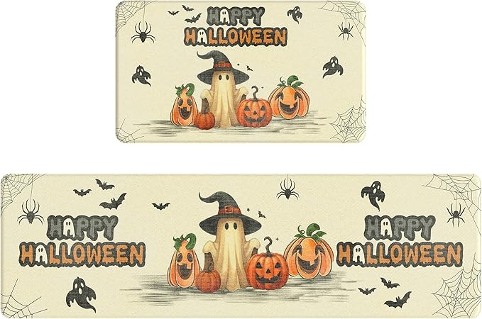 GENIMO Halloween Decorations - Kitchen Mats for Floor, 2PCS Kitchen Rugs, Cushioned Anti Fatigue Mat for Home Decor, Waterproof Non-Slip Comfort Standing Mat for Laundry, 17.3"x59"+17.3"x30", Beige