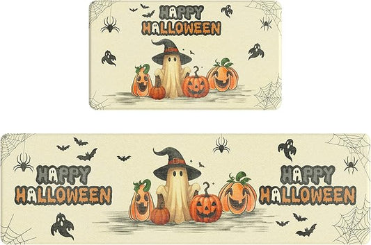 GENIMO Halloween Decorations - Kitchen Mats for Floor, 2PCS Kitchen Rugs, Cushioned Anti Fatigue Mat for Home Decor, Waterproof Non-Slip Comfort Standing Mat for Laundry, 17.3"x59"+17.3"x30", Beige