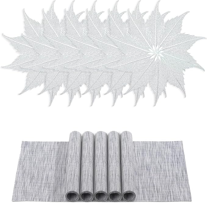 BACKTOEDEN Placemats Set of 6 Heat Resistant Washable Wipeable Placemat Woven Non-Slip Foldable Vinyl/Plastic Place Mats Indoor/Outdoor Mat Kitchen Dining Table Pad, Silver Maple Leaf & Gray