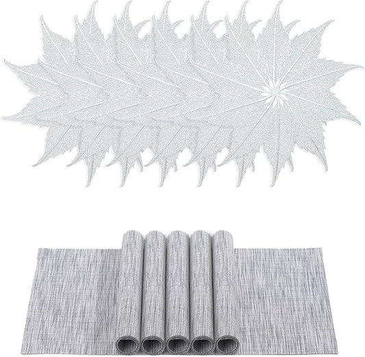 BACKTOEDEN Placemats Set of 6 Heat Resistant Washable Wipeable Placemat Woven Non-Slip Foldable Vinyl/Plastic Place Mats Indoor/Outdoor Mat Kitchen Dining Table Pad, Silver Maple Leaf & Gray