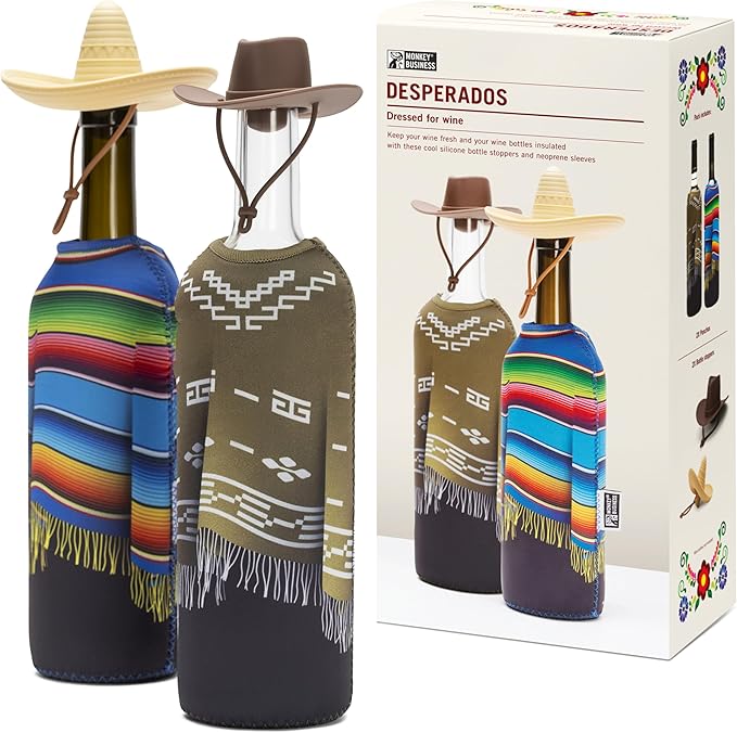 Monkey Business Giftbox for Wine Lovers – 2 Neoprene Wine Bottle Poncho Covers + 2 Silicone Wine Stoppers – Funny Wine Gifts for Hosts and Parties – Insulated Wine Sleeves – Fits 750ml Bottles