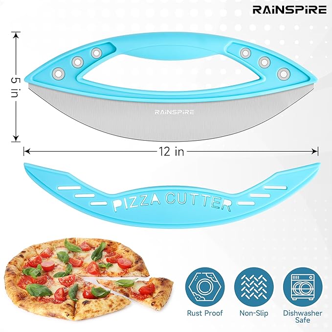 Rainspire 12" Pizza Cutter Rocker Blade Stainless Steel Pizza Rocker with Cover Sharp Blade Pizza Knife Dishwasher Safe Kitchen Gadgets Home Essentials (Blue)