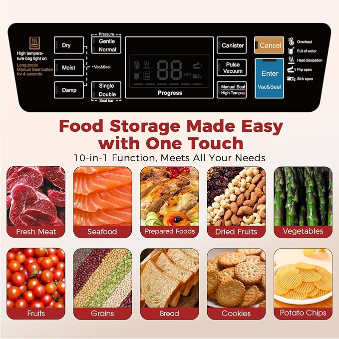 95kPa Vacuum Sealer Machine,Commercial Fully Automatic Food Sealer,10-in-1 Functions & Powerful Sealing System with Double Heat Seal,Easy-Lock Handle,Built-in cutter, 10 Pre-cut Bags1, Bag Rolls