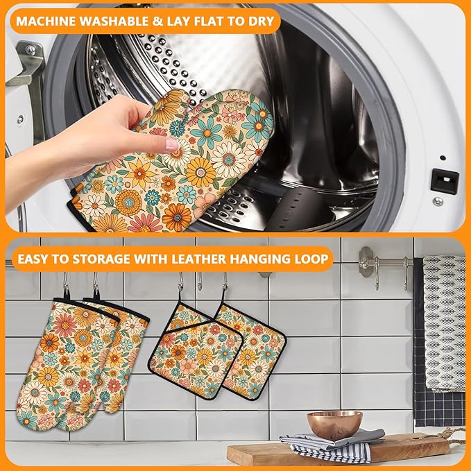 Boho Floral Oven Mitts and Pot Holders Sets 4Pcs,Extra Long Oven Gloves Potholder for Kitchen Cooking Baking BBQ 100% Cotton Heat Resistant