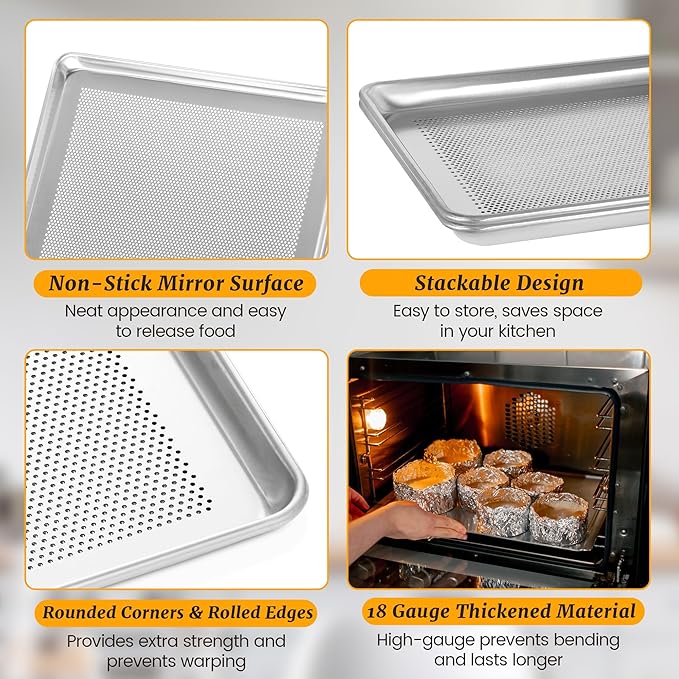12 Pack Half Size Aluminum Perforated Baking Sheet Pan, 13"×18" Cookie Sheets For Oven in Bakery, Restaurant & Kitchen