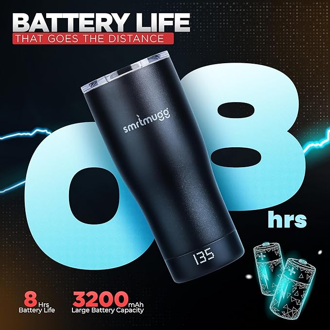 X Heated Coffee Mug 19 oz., 8 Hour Battery Life, Self-Heating, Adjustable Temp Controlled, LCD Screen, One Button Temperature Adjustment, Includes Cover with Magnetic Slider (Black) (Black)