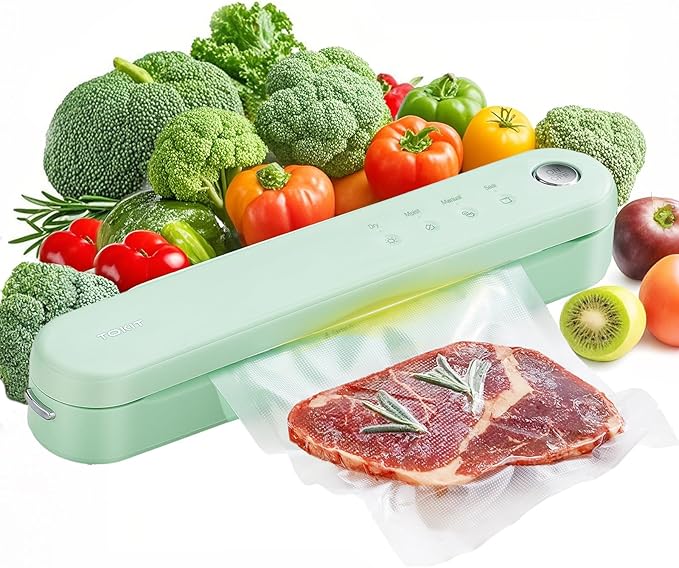 TOKIT Food Saver Vacuum Sealer Machine, 5-in-1 One-Touch Automatic with Dry, Moist, Manual Modes and External Vacuum System, Compact Small Design with 5 Vacuum Bags for Kitchen, Picnic, Travel, Green