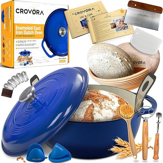 6 QT Enameled Cast Iron Dutch Oven for Bread Baking with Lid - Incl. Sourdough Bread Baking Supplies like Banneton Bread Proofing Basket, Cast Iron Bread Oven, Bread Pan, bread making tools