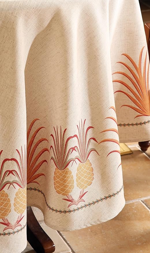 patdrea Designer Orange Tablecloth for Round Tables,Pineapple Tree Pattern Linen Tablecloth,Tropical Style Fruit Table Cover Cloth Decor for Kitchen Dining Christmas,Diameter 55"