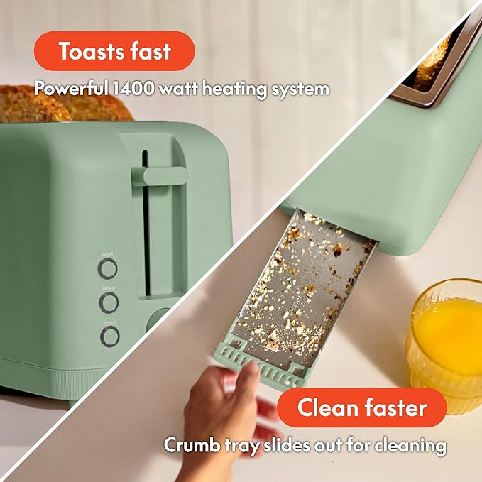 bella 4 Slice Slim Toaster, Fits-anywhere™ Kitchenware, 6 Setting Shade Control with Reheat & Cancel Buttons, Fits Sourdough, 10” Long Slot, Anti Jam & Auto Shutoff, 900 Watt, Seaglass