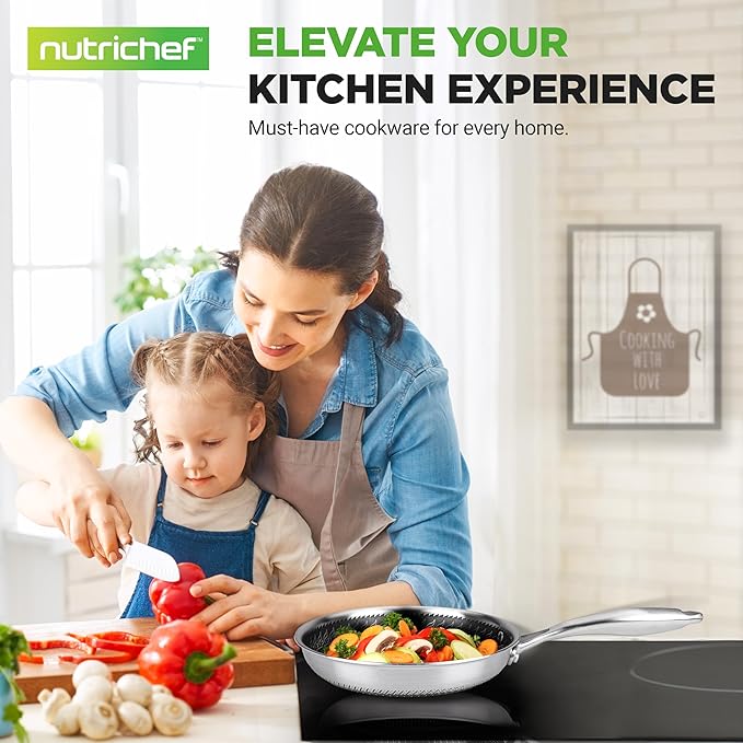 NutriChef 8" Stainless Steel Frying Pan - Triply Kitchenware Stir Fry Pan Kitchen Cookware w/DAKIN Etching Non-Stick Coating, Scratch-resistant Raised-up Honeycomb Fire Textured Pattern - NC3PL8
