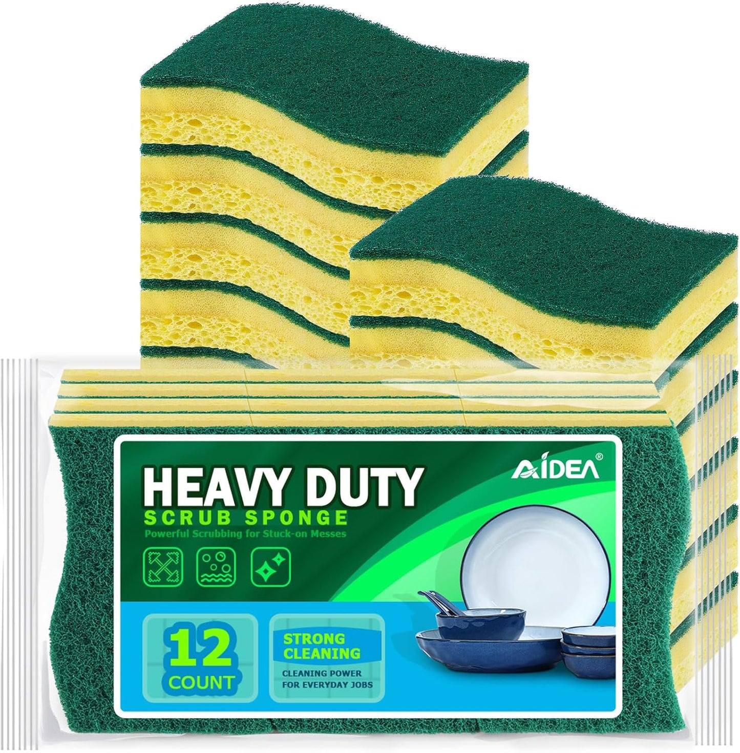 AIDEA Heavy-Duty Scrub Sponges, 12Count, Sponge for Non-Coated Cookware, Kitchen Sponges for Dishes, Scrubbing Power for Tough Messes, Cleaning Sponge for Kitchen, Bathroom, Household
