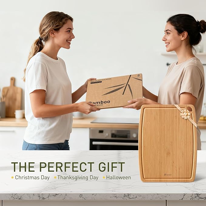 Lightweight Durable Bamboo Cutting Board with Non-Slip Feet, Extra Large Big Wood Cutting Boards for Kitchen with Juice Groove, Wooden Charcuterie & Chopping for Fruit, Vegetables & Cheese