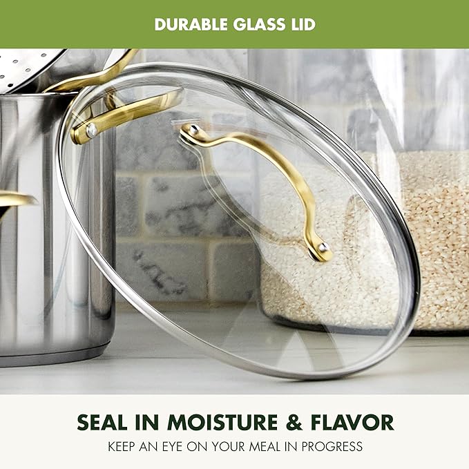 GreenPan11 Piece Stainless Steel Cookware Set, Induction Ready, Measurement Markings, Dishwasher & Oven Safe 600F, Pots & Pans, Sauce, Saute, Frying Pans, Gold