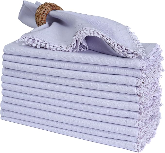 Bedding Craft Cotton Cloth Dinner Napkins Set of 12 – 18x18 Lavender Blue with Decorative Lace Selvedge – Elegant Machine Washable Fabric Napkins for Weddings, Baby Showers, Parties & Table Décor