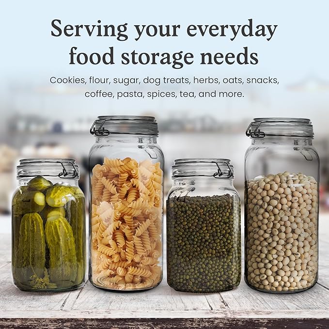 Set of 3 Glass Mason Jar 64 Ounces with Airtight Lid Large Jars With Stainless Steel Bail And Trigger Clamps