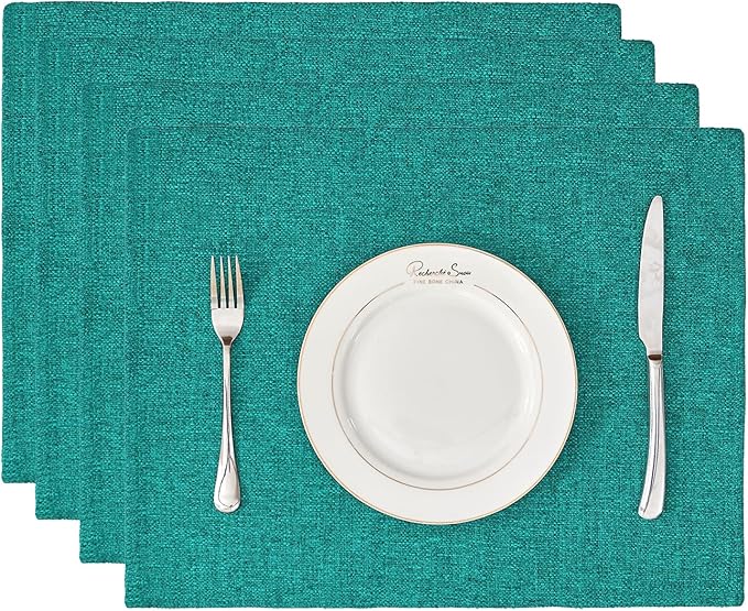 BALCONY & FALCON Placemats Set of 4 Faux Linen Cloth Place Mats Washable Waterproof Wrinkle Resistant Table Placemats for Dining Kitchen Farmhouse Indoor & Outdoor Use(Teal, 13.8”x 17.7”