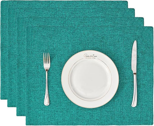 BALCONY & FALCON Placemats Set of 4 Faux Linen Cloth Place Mats Washable Waterproof Wrinkle Resistant Table Placemats for Dining Kitchen Farmhouse Indoor & Outdoor Use(Teal, 13.8”x 17.7”