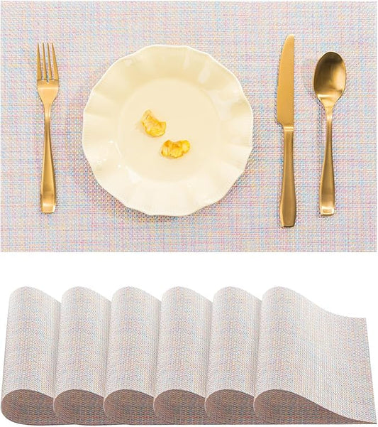 BACKTOEDEN Placemats Set of 6 Heat Resistant Washable Wipeable Placemat Woven Non-Slip Foldable Vinyl/Plastic Place Mats Indoor/Outdoor Mat Kitchen Dining Table Pad, Bright Silk Colorful