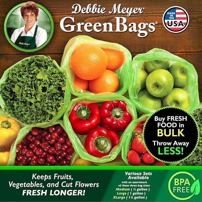 Debbie Meyer, GreenBags 20-Pack (8M, 8L, 4XL) | Reusable Storage Bags Keeps Fruit, Vegetables, Produce, Cut Flowers Fresh Longer, Kitchen & Fridge Preservation Solution, BPA Free, Made in the USA
