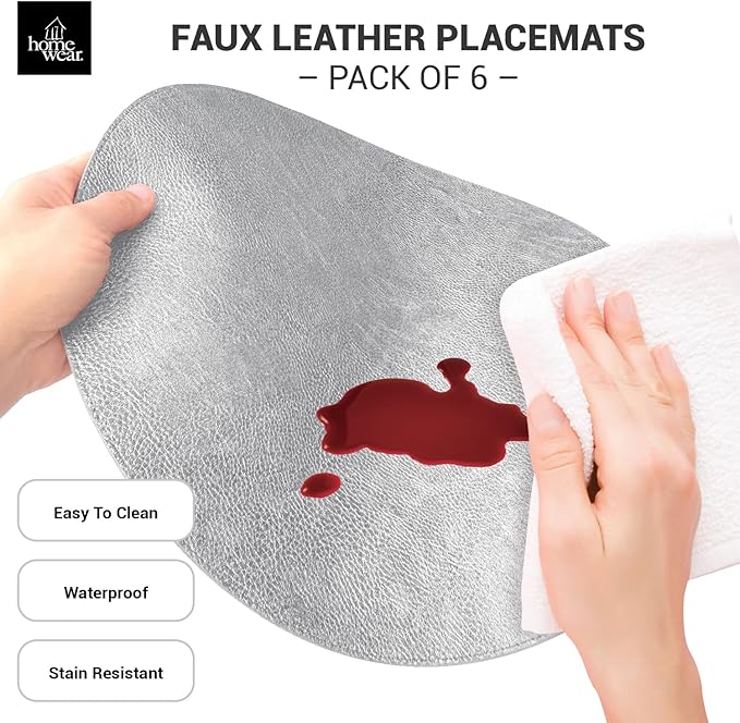 Morgan Faux Leather Round Set of 12 Placemats, 15", Silver, Heat Resistant, Stain Resistant, Non-Slip, Reversible, Durable Table Mats for Kitchen, Dining Table, Indoor Washable Use