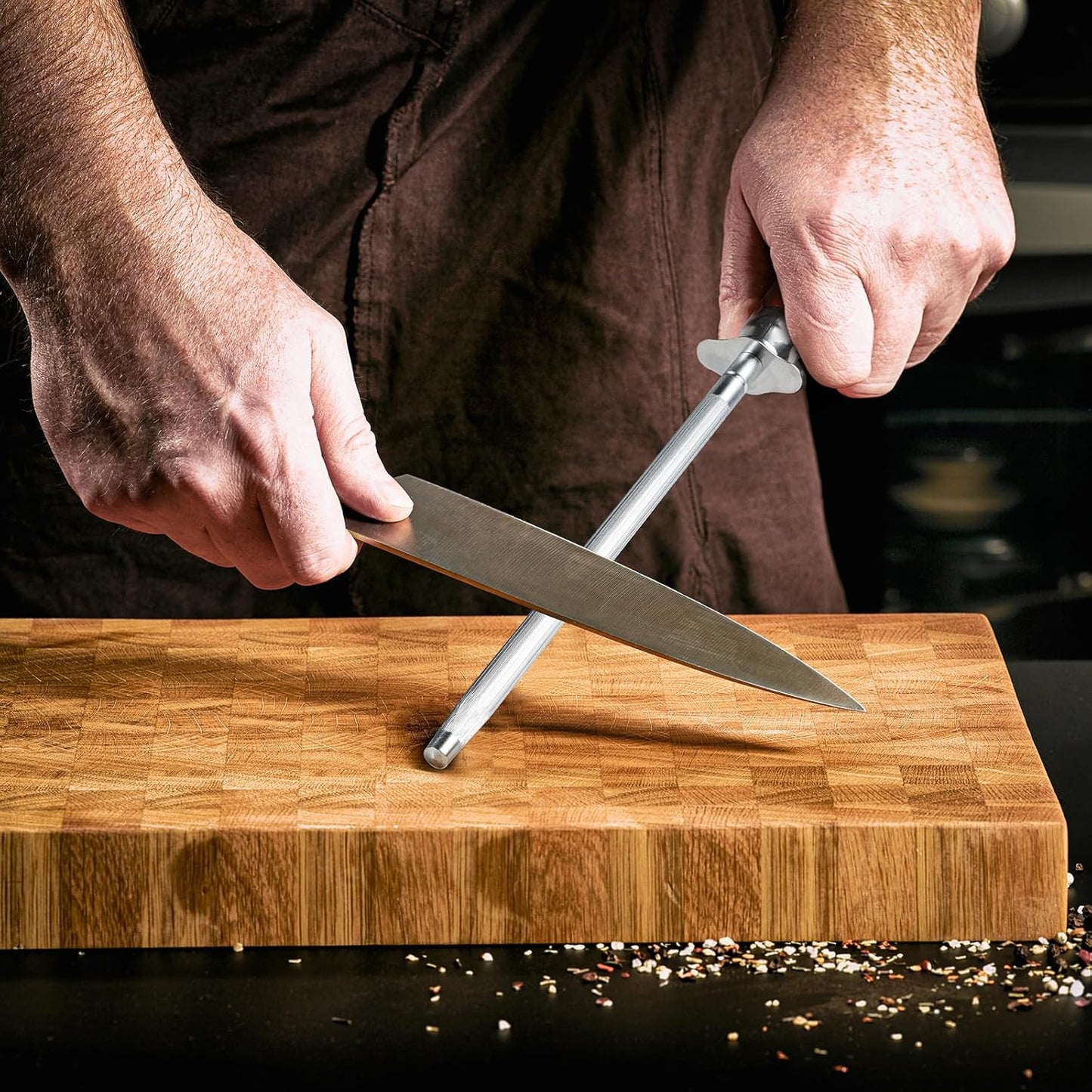 Knife Sharpener Rod, Kitchen Knives Sharpener Carbon Steel Professional Knife Sharpening Steel, Honing Rod with Hanging Holes (13 inches), K