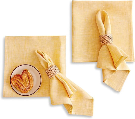 Solino Home Linen Cloth Napkins Set of 4-100% Pure Linen Chambray Mustard Yellow Dinner Napkins 20 x 20 Inch - Athena, Handcrafted and Machine Washable