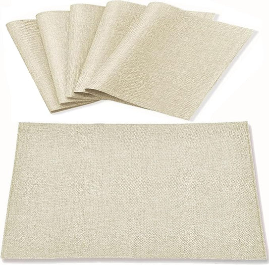Linen Fabric Placemats Set of 6, Machine Washable, Heat Resistant, Wrinkle Free, Thick Polyester Kitchen Place Mats for Dining Table (Beige)