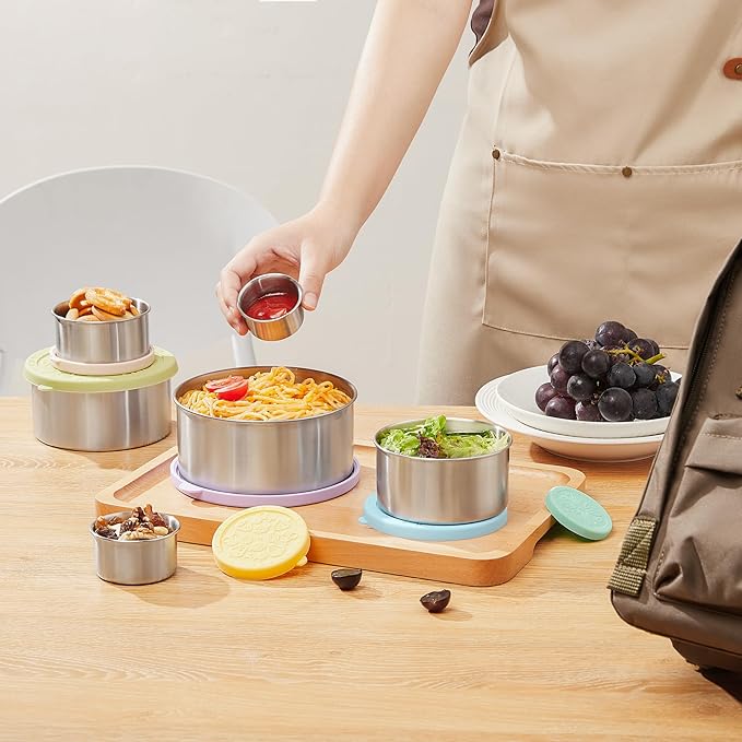 Stainless Steel Food Container, Set of 6, Nesting Bowls with Colorful Lids, stackable leakproof Metal Lunch Box Set for Kids, Daycare, School, Travel. Sauce Salad dressing Container to go (Serenity)