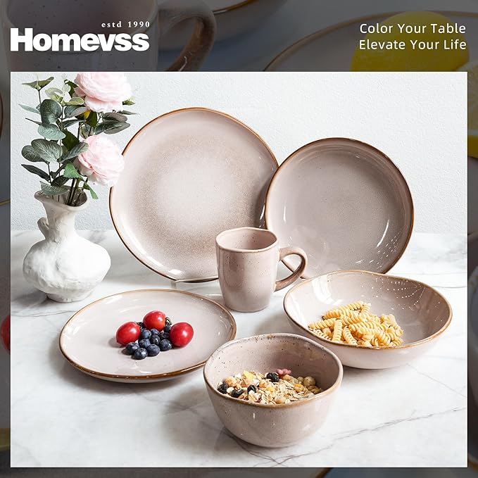 Highland 16pc Dinnerware Set, Unique Organic Shape Double Bowl， Stoneware Plate & Bowl Dish Set Service For 4, Scratch Resistant, Microwave & Dishwasher Safe, Natural Reactive Glaze, Pink