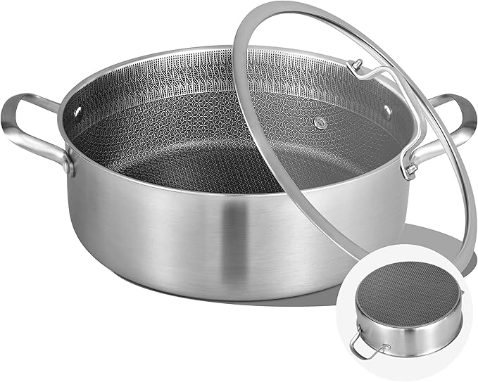 Inqibee 7 QT Hybrid Tri-Ply Stainless Steel Non Stick Sauté Pan with Lid,12 Inch Induction Deep Frying Pan,Large Skillet,Dishwasher and Oven Safe
