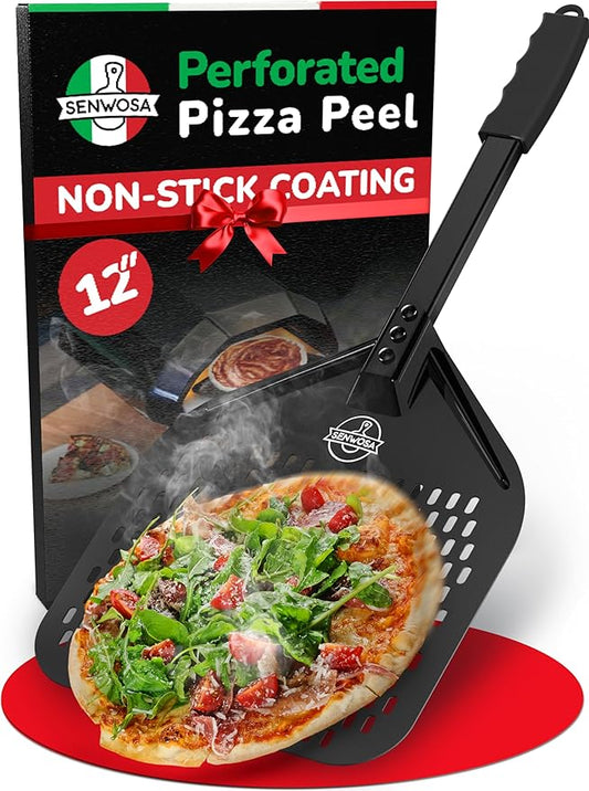 Non-stick Pizza Peel 12 inch – Excellent Slide-Off & Easy Cleanup – Perforated Metal Base with Safe Ceramic Coating