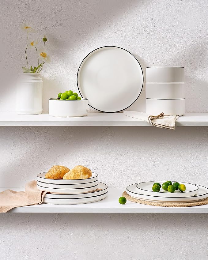 Famiware Porcelain Dinnerware Set, 24-Piece Modern Plate and Bowl Set, dish set for 8, Microwave and Dishwasher Safe Tableware, White with Black Trim