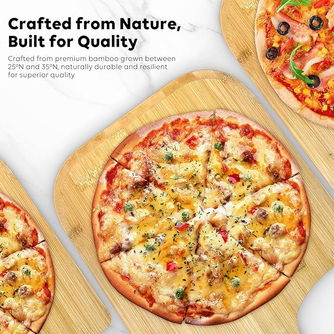 Pizza peel, 12" natural bamboo pizza paddle, Essential accessories for indoor Outdoor Ovens, baking homemade pizza, cutting board, Cheese, Serving Pizza, Bread, Cookies & More, Eco-Friendly & Durable