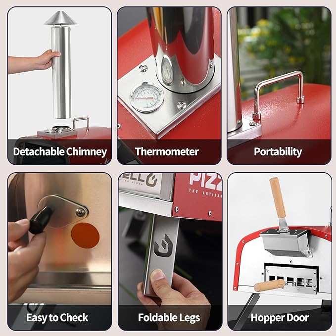 16" Outdoor Pizza Oven Propane & Wood Fired Stainless Steel Pizza Grill with Gas Burner, Wood Tray Pizza Stone, Pizza Peel, Carry Bag (Red)