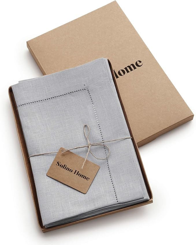 Solino Home Linen Napkins Set of 4 - Classic Hemstitch 100% Pure Linen Soft Grey Dinner Napkins Cloth 20 x 20 Inch for Fall, Autumn, Thanksgiving, Christmas, Winter - Handcrafted and Machine Washable