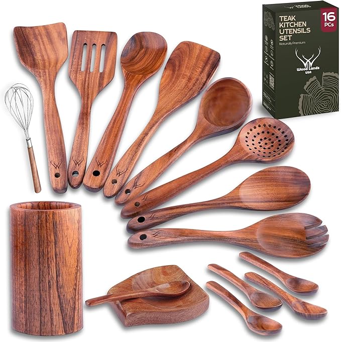 16 Pcs Teak Wooden Cooking Utensils Set – Premium Teak Wooden Utensil Set with Holder, Wooden Spoons for Cooking, Spatulas & Ladle – Durable Kitchen Utensils for Everyday Use - Cooking Utensils Set