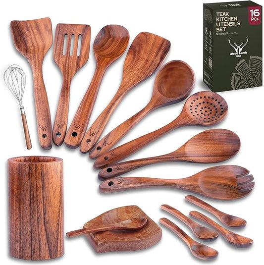 16 Pcs Teak Wooden Cooking Utensils Set – Premium Teak Wooden Utensil Set with Holder, Wooden Spoons for Cooking, Spatulas & Ladle – Durable Kitchen Utensils for Everyday Use - Cooking Utensils Set