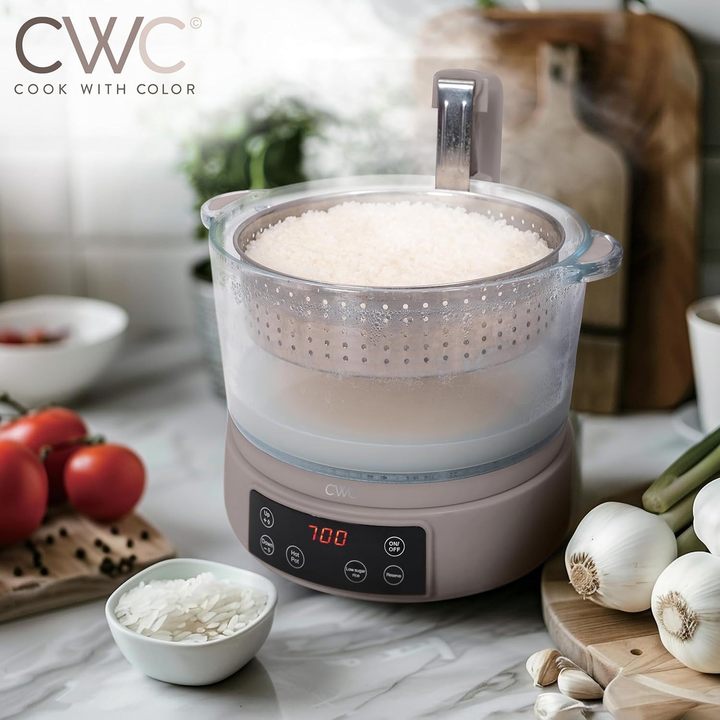COOK WITH COLOR 3L Glass Low Carb Rice Cooker - Makes 6 Cups Low Sugar Rice with Auto Lift Filter Basket, Hotpot & Steamer for Rice, Grains and Oats, Digital Panel with Keep Warm Function, Greige